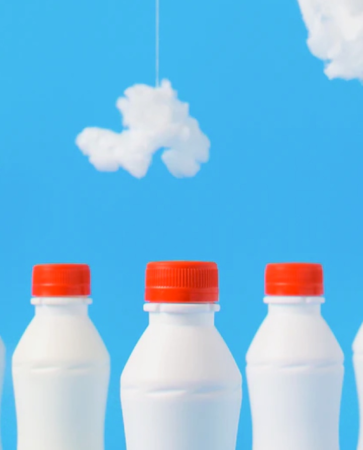 Milk bottles with red caps